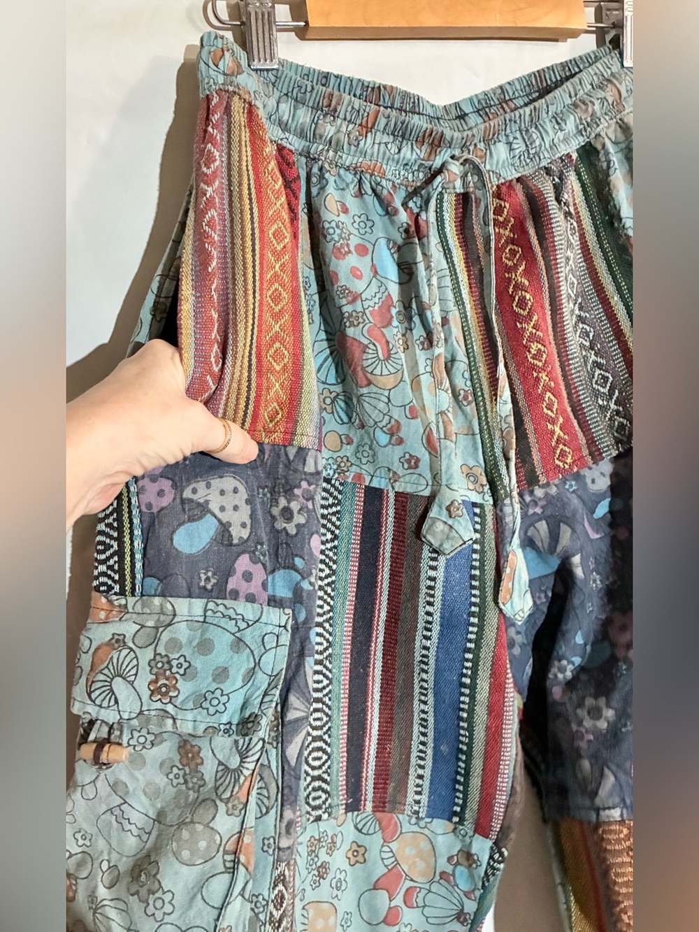 Kathmandu Patchwork Pants S/M Drawstring Mushrooms Pockets Festival Boho Hippie - Picture 7 of 12